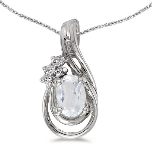 14k White Gold Oval White Topaz And Diamond Teardrop Pendant