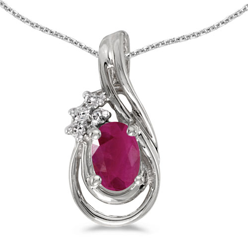 14k White Gold Oval Ruby And Diamond Teardrop Pendant