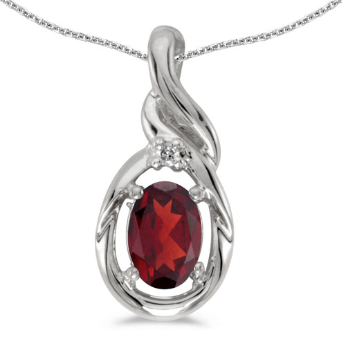 14k White Gold Oval Garnet And Diamond Pendant