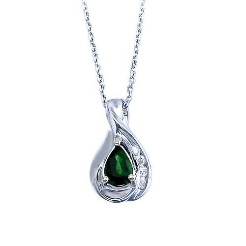 14k White Gold Pear Emerald and Diamond Pendant