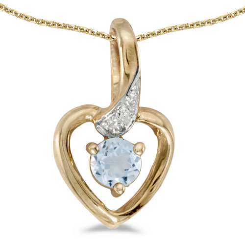 10k Yellow Gold Round Aquamarine And Diamond Heart Pendant