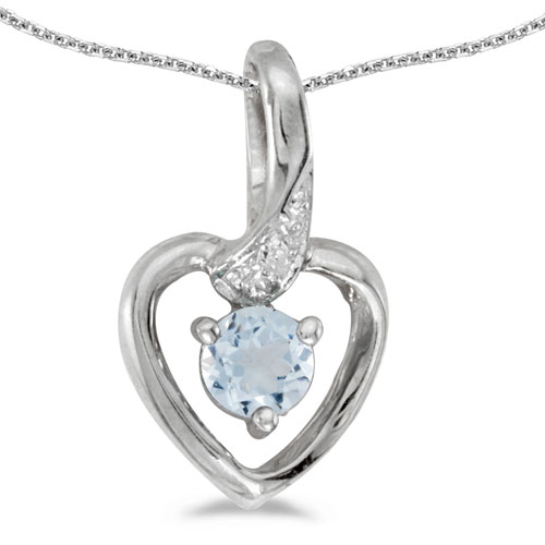 10k White Gold Round Aquamarine And Diamond Heart Pendant