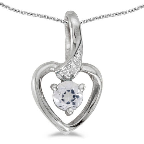 10k White Gold Round White Topaz And Diamond Heart Pendant