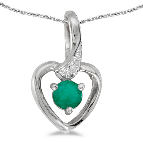 10k White Gold Round Emerald And Diamond Heart Pendant