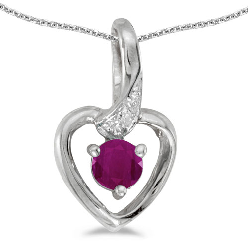 10k White Gold Round Ruby And Diamond Heart Pendant