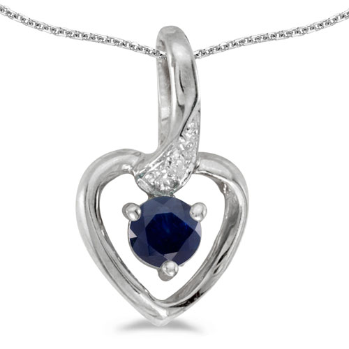 10k White Gold Round Sapphire And Diamond Heart Pendant