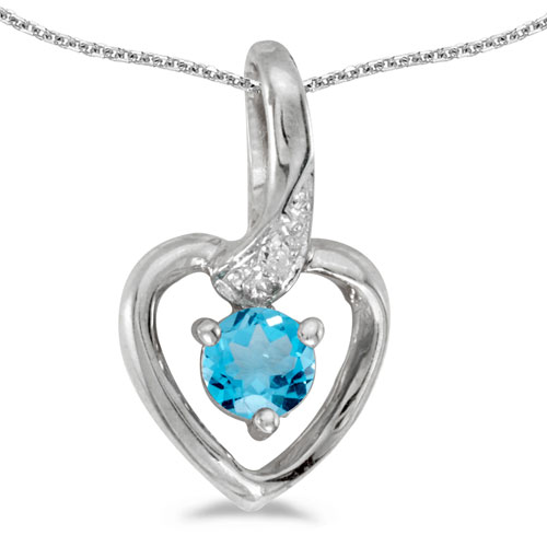 10k White Gold Round Blue Topaz And Diamond Heart Pendant