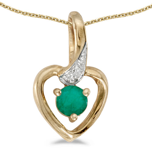 14k Yellow Gold Round Emerald And Diamond Heart Pendant