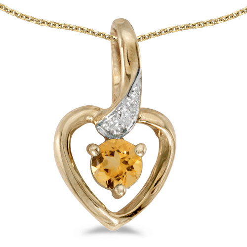 14k Yellow Gold Round Citrine And Diamond Heart Pendant