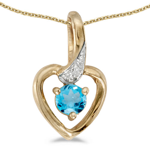 14k Yellow Gold Round Blue Topaz And Diamond Heart Pendant