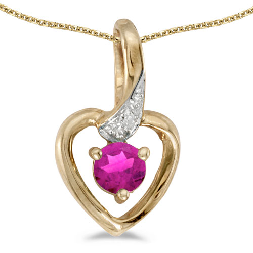 14k Yellow Gold Round Pink Topaz And Diamond Heart Pendant