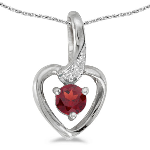14k White Gold Round Garnet And Diamond Heart Pendant