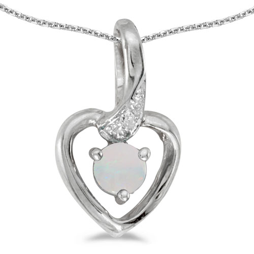 14k White Gold Round Opal And Diamond Heart Pendant