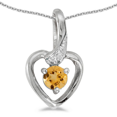 14k White Gold Round Citrine And Diamond Heart Pendant
