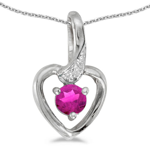 14k White Gold Round Pink Topaz And Diamond Heart Pendant