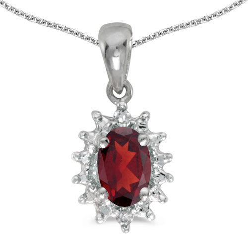 14k White Gold Oval Garnet And Diamond Pendant