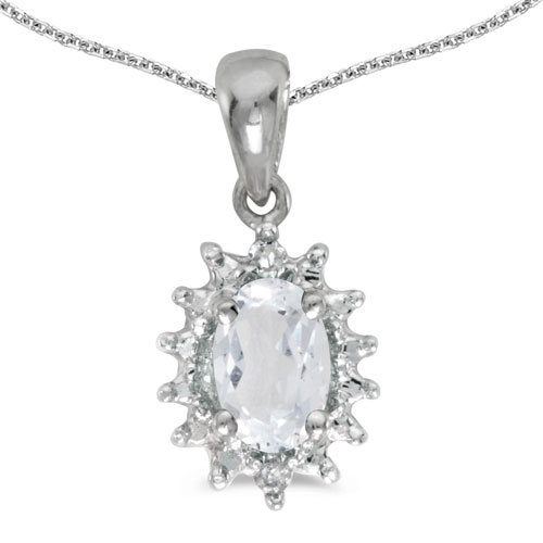 14k White Gold Oval White Topaz And Diamond Pendant