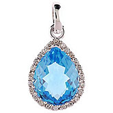 14K White Gold 9x11 mm Pear Blue Topaz and Diamond Pendant