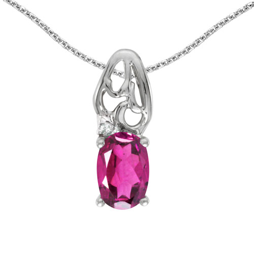 14k White Gold Oval Pink Topaz And Diamond Pendant