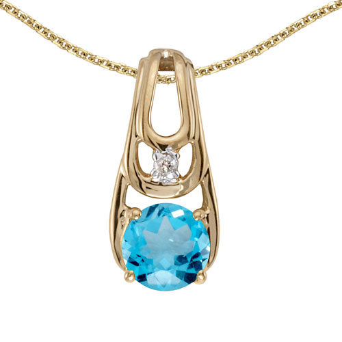 14k Yellow Gold Round Blue Topaz And Diamond Pendant