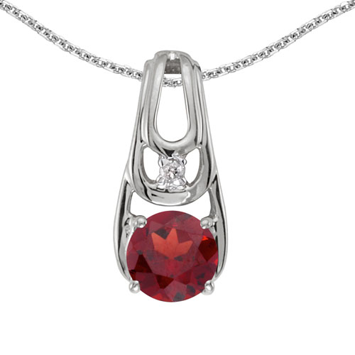 14k White Gold Round Garnet And Diamond Pendant