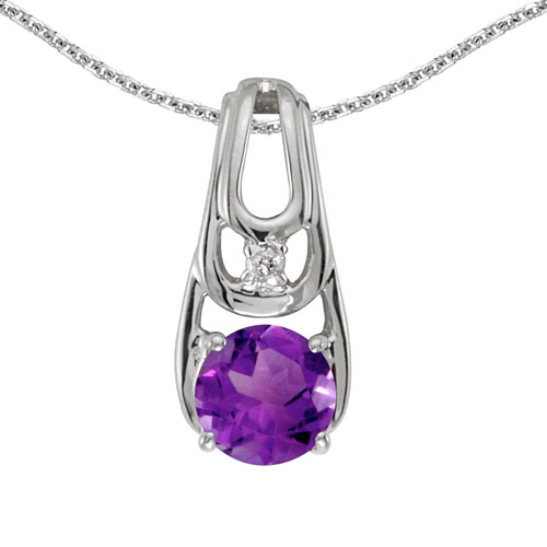 14k White Gold Round Amethyst And Diamond Pendant