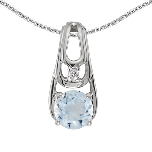 14k White Gold Round Aquamarine And Diamond Pendant