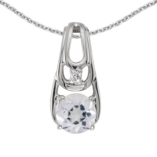 14k White Gold Round White Topaz And Diamond Pendant