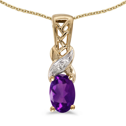 14k Yellow Gold Oval Amethyst And Diamond Pendant