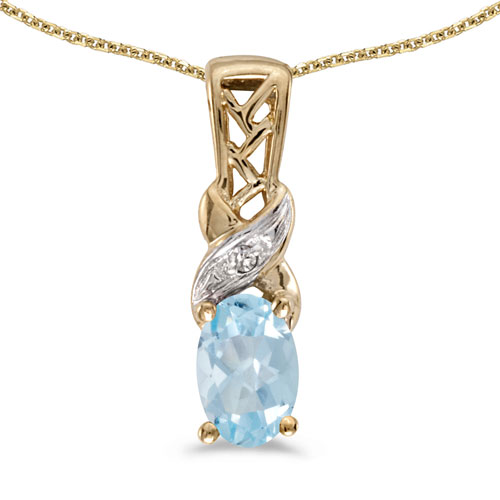 14k Yellow Gold Oval Aquamarine And Diamond Pendant