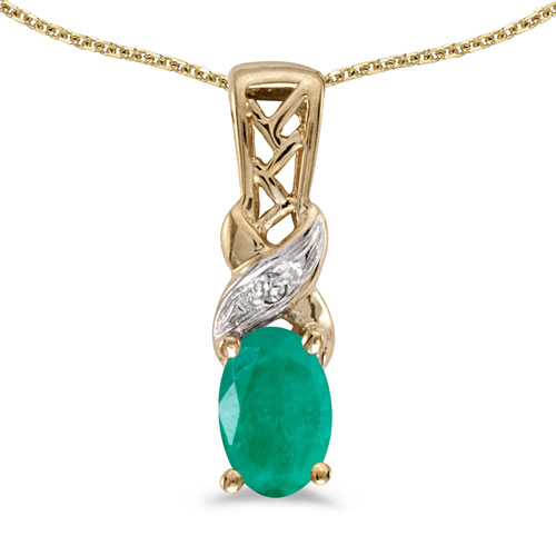 14k Yellow Gold Oval Emerald And Diamond Pendant