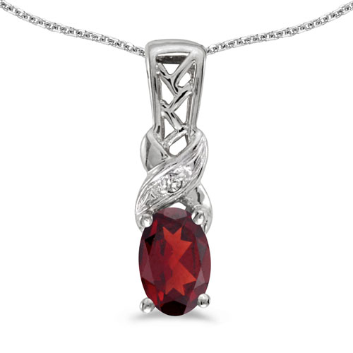 14k White Gold Oval Garnet And Diamond Pendant