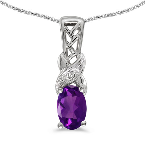 14k White Gold Oval Amethyst And Diamond Pendant