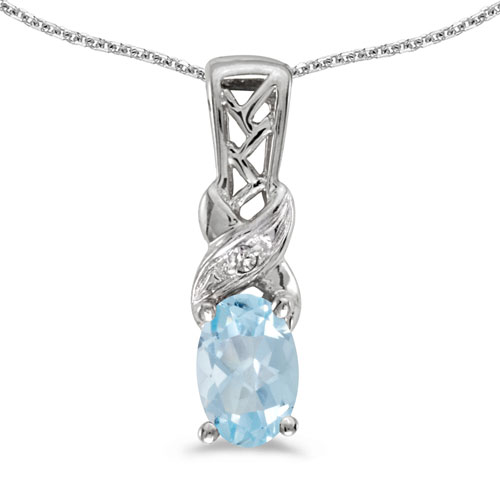 14k White Gold Oval Aquamarine And Diamond Pendant
