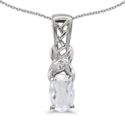 14k White Gold Oval White Topaz And Diamond Pendant