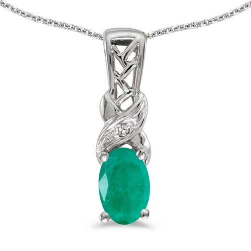 14k White Gold Oval Emerald And Diamond Pendant