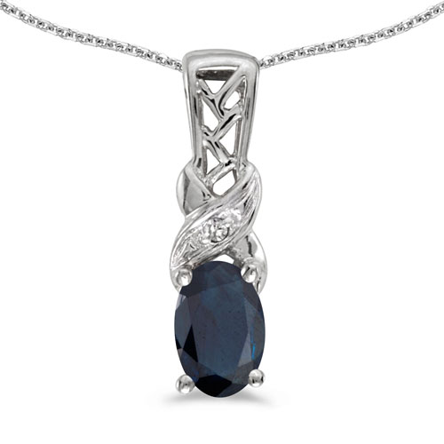 14k White Gold Oval Sapphire And Diamond Pendant