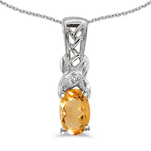 14k White Gold Oval Citrine And Diamond Pendant