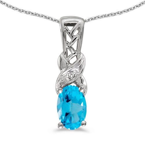 14k White Gold Oval Blue Topaz And Diamond Pendant