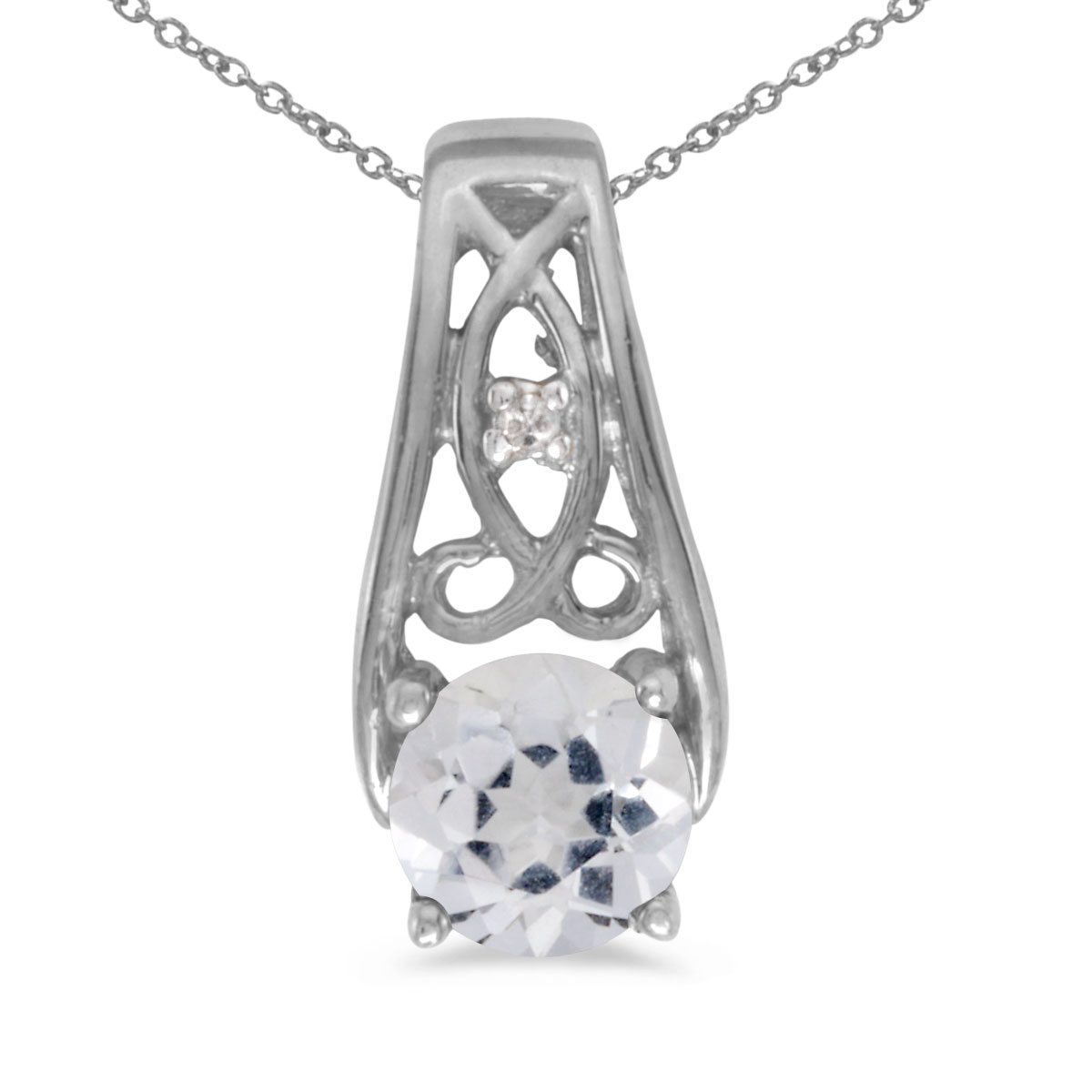 14k White Gold Round White Topaz And Diamond Pendant