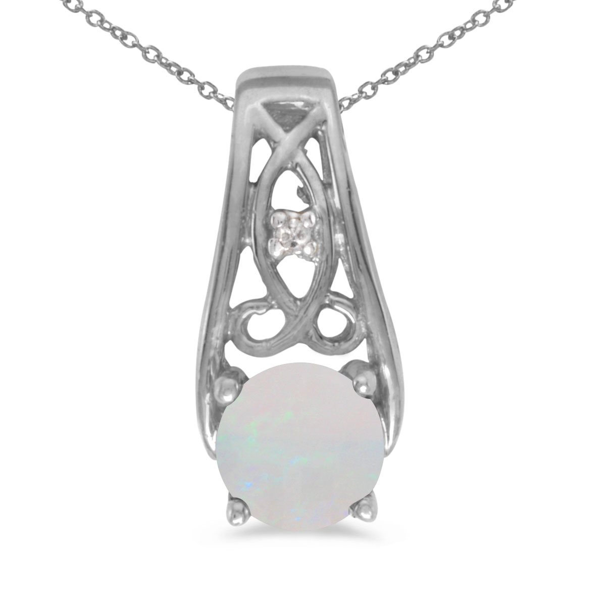 14k White Gold Round Opal And Diamond Pendant