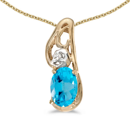 14k Yellow Gold Oval Blue Topaz And Diamond Pendant