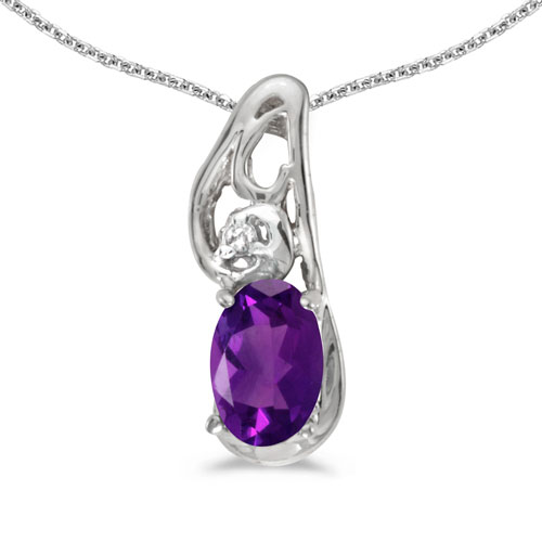 14k White Gold Oval Amethyst And Diamond Pendant