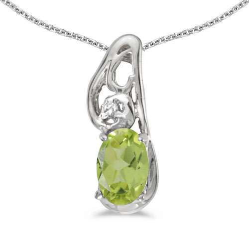 14k White Gold Oval Peridot And Diamond Pendant