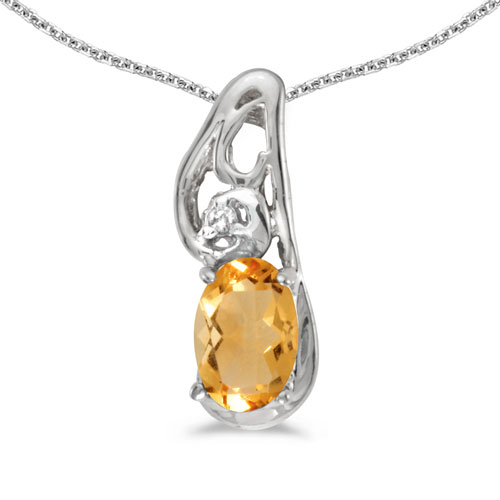 14k White Gold Oval Citrine And Diamond Pendant