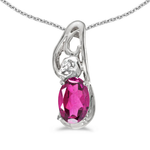 14k White Gold Oval Pink Topaz And Diamond Pendant