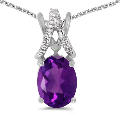 14k White Gold Oval Amethyst And Diamond Pendant