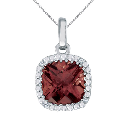 14K White Gold 7mm Cushion Garnet and Diamond Pendant