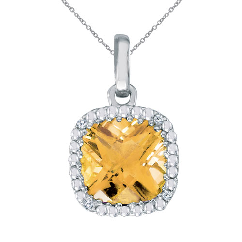 14K White Gold 7mm Cushion Citrine and Diamond Pendant