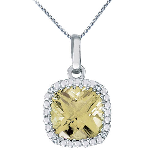 14K White Gold 7mm Cushion Lemon Quartz and Diamond Pendant